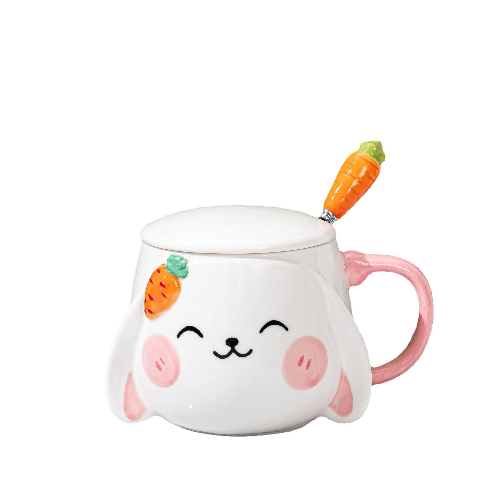 Rabbit ceramic mug with lid and carrot spoon, pink side handle, glossy white finish.
