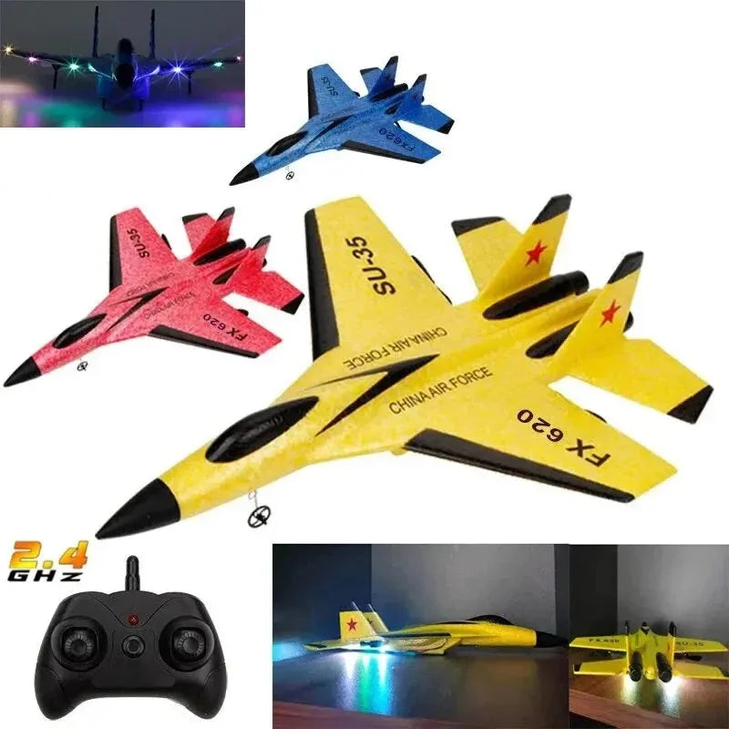 Multicolor RC foam glider airplane set with LED lights and black 2.4G remote controller