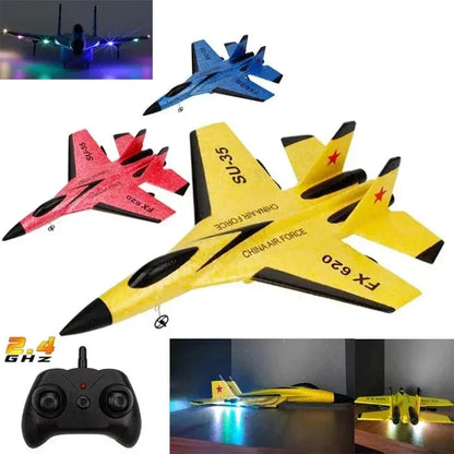 Multicolor RC foam glider airplane set with LED lights and black 2.4G remote controller