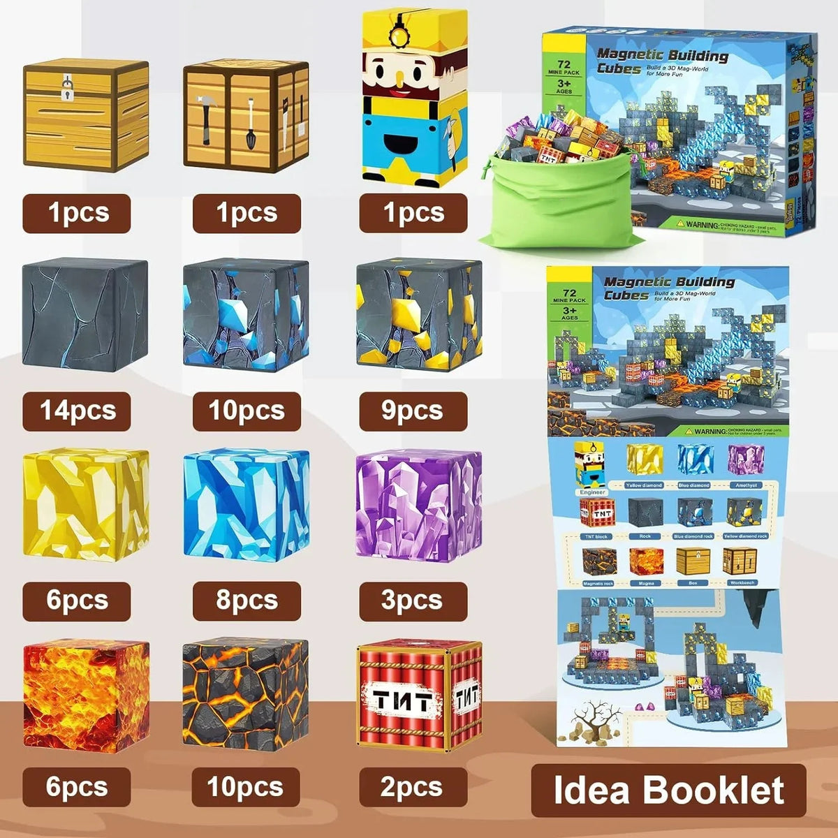 Magnetic cube blocks variety shown on a boxed set with individual cube count illustrations