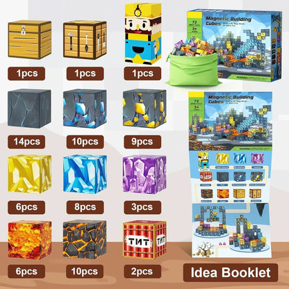 Magnetic cube blocks variety shown on a boxed set with individual cube count illustrations