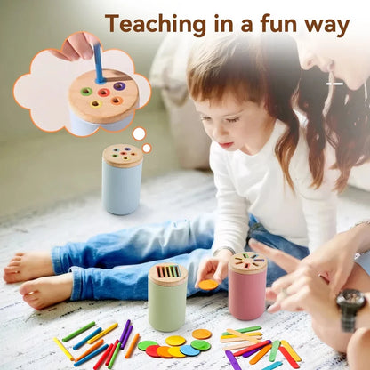 Montessori Colour Sorting Stick & Pot Toy – Wooden Rainbow Sticks, Colour Discs & Holed Lid | BPA-Free | Toddler Learning & Birthday Gift