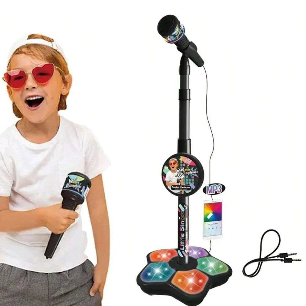 Black kids microphone stand toy with round character speaker and multicolor light-up base