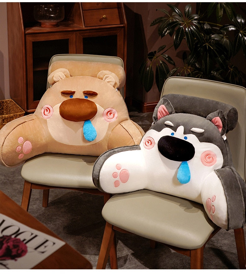 Brown and gray animal reading pillows with cartoon faces, swirl cheeks, and paw prints