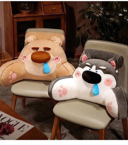 Brown and gray animal reading pillows with cartoon faces, swirl cheeks, and paw prints