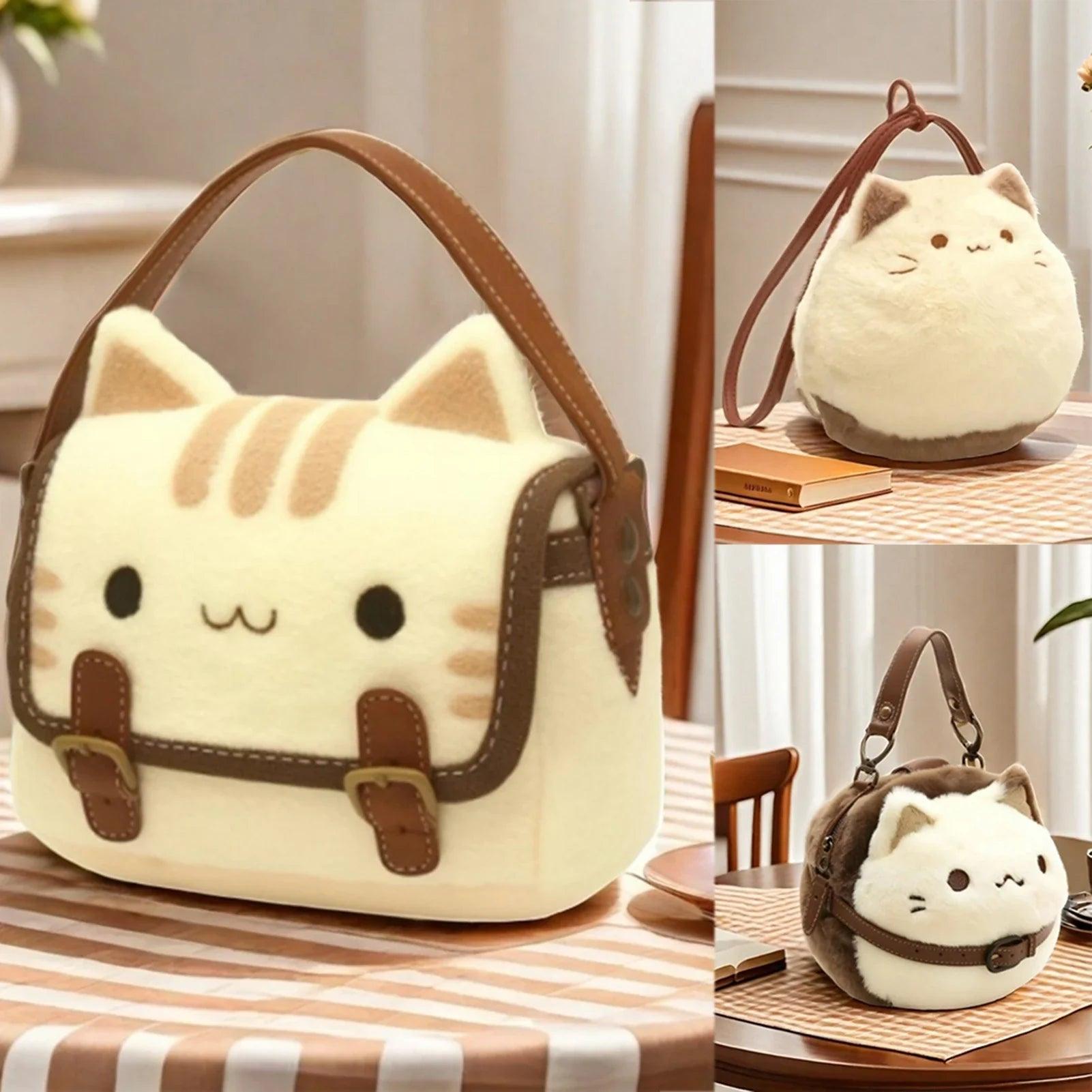 Cream cat plush handbag with brown top handle and side view, plus another cat bag.