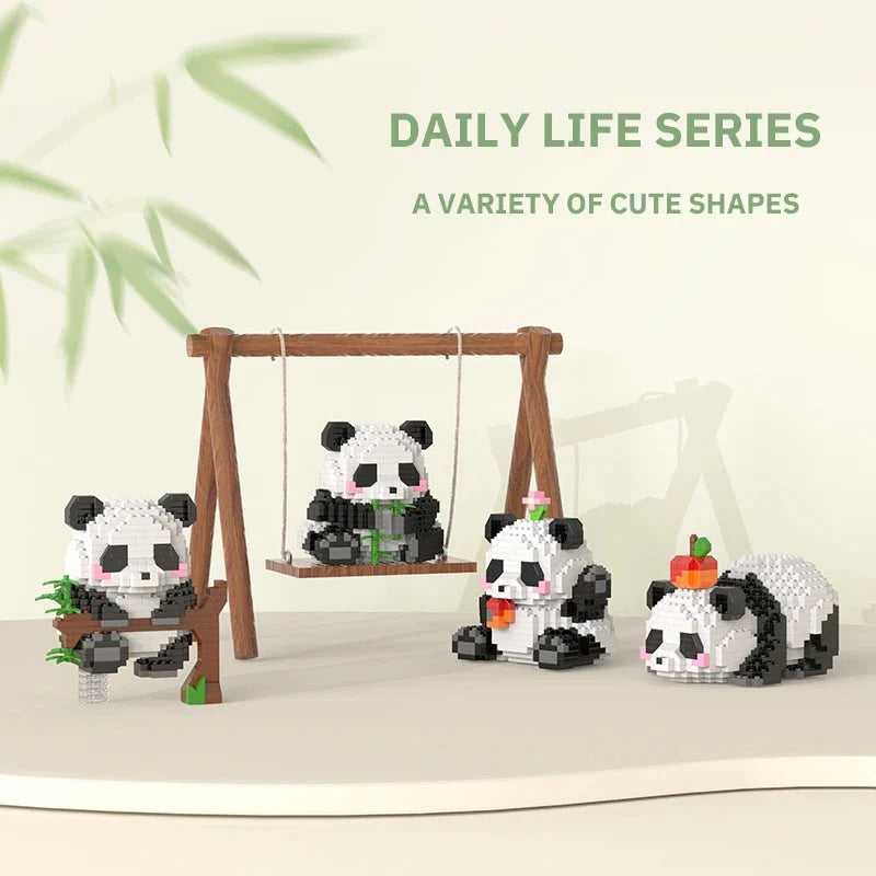 Panda building block mini set with swing scene and three small pandas