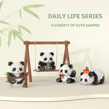 Panda building block mini set with swing scene and three small pandas