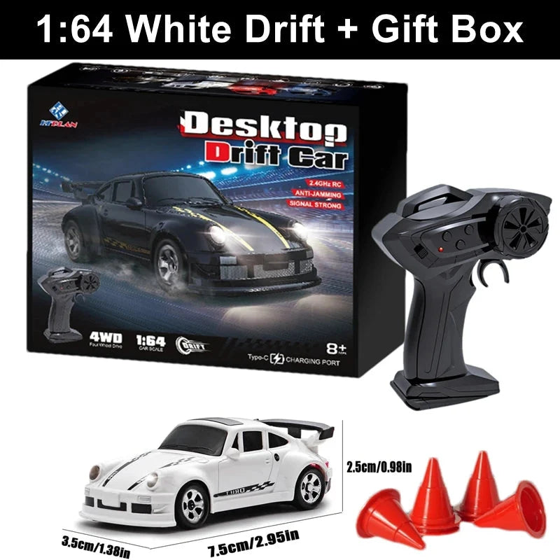 White 1:64 drift RC car set with remote controller, accessory cones, gift box