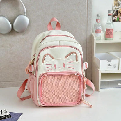 Pink and white cat-face school backpack with mesh front panel and adjustable straps