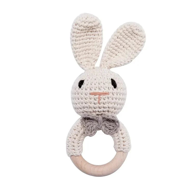 Baby Crochet Rattle & Wooden Teether Toy – BPA Free | Soft Animal Design | Giraffe, Bunny, Lion & More | Newborn Baby Shower Gift
