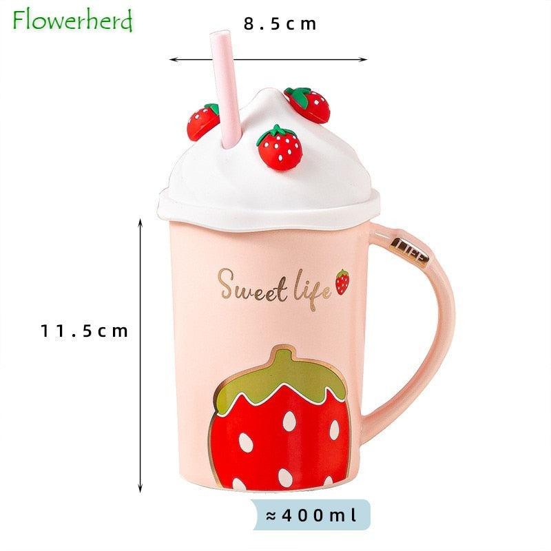 Strawberry themed tumbler mug with lid and straw, Sweet life graphic, 400 ml capacity