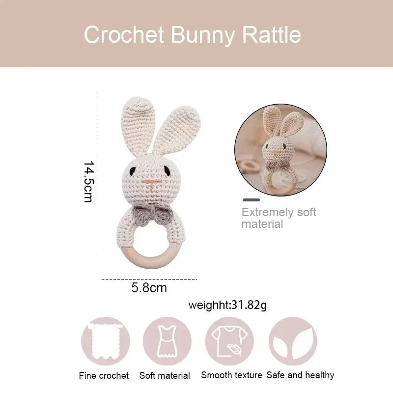 Baby Crochet Rattle & Wooden Teether Toy – BPA Free | Soft Animal Design | Giraffe, Bunny, Lion & More | Newborn Baby Shower Gift
