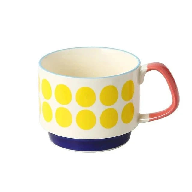 Retro Ceramic Stackable Mug 300ml – Scandinavian Pattern | Spots, Apples, Tulips, Trees & More | Coffee, Tea & Breakfast Cup | Housewarming Gift