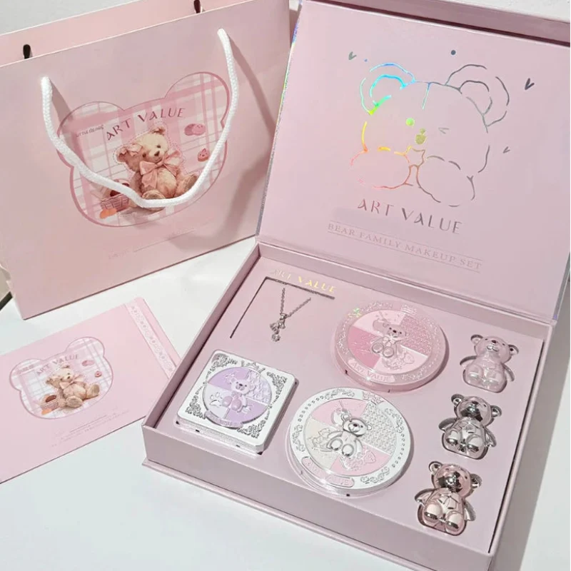 Bear family makeup set gift box with matching case and decorative compacts
