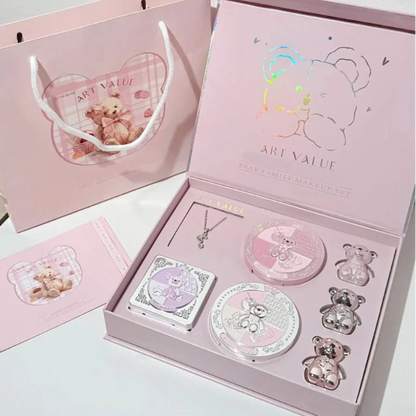 Bear family makeup set gift box with matching case and decorative compacts