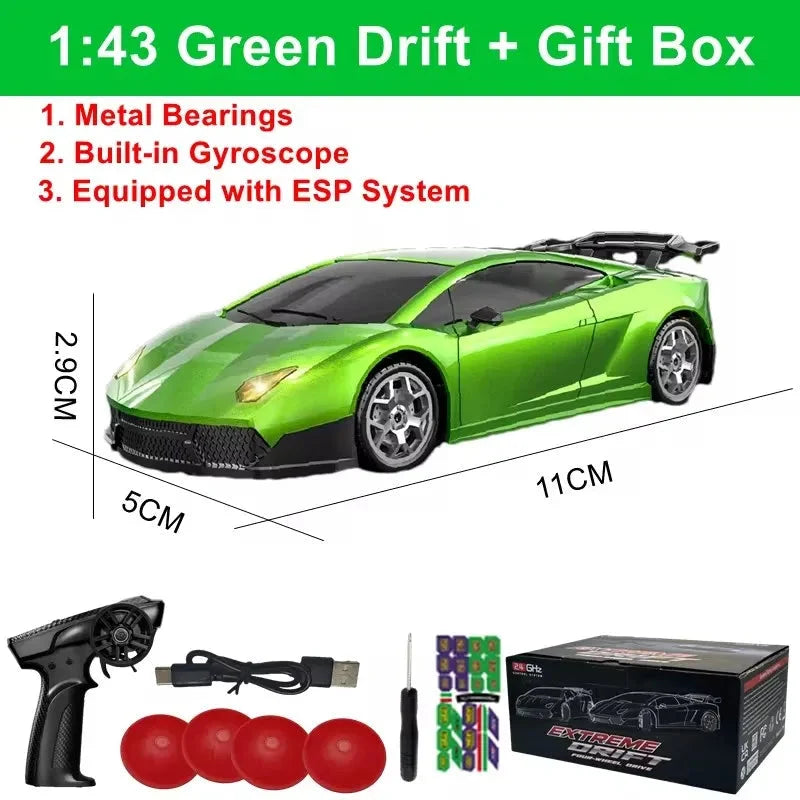 Green 1:43 drift RC car set with remote controller, red cones, gift box