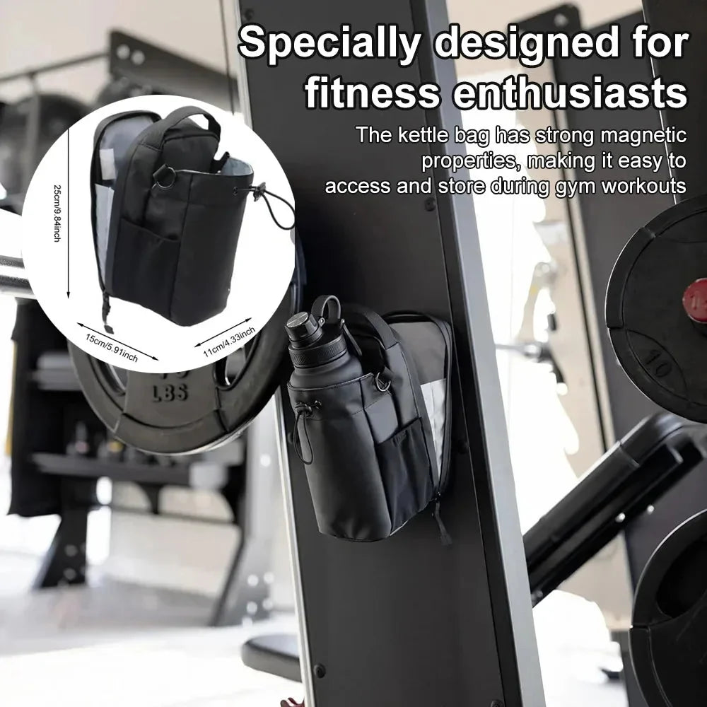 Black magnetic sling bag for fitness with water bottle sleeve and front organizer