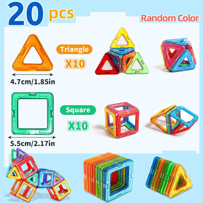 Random-color magnetic blocks showing triangle and square pieces in a set layout
