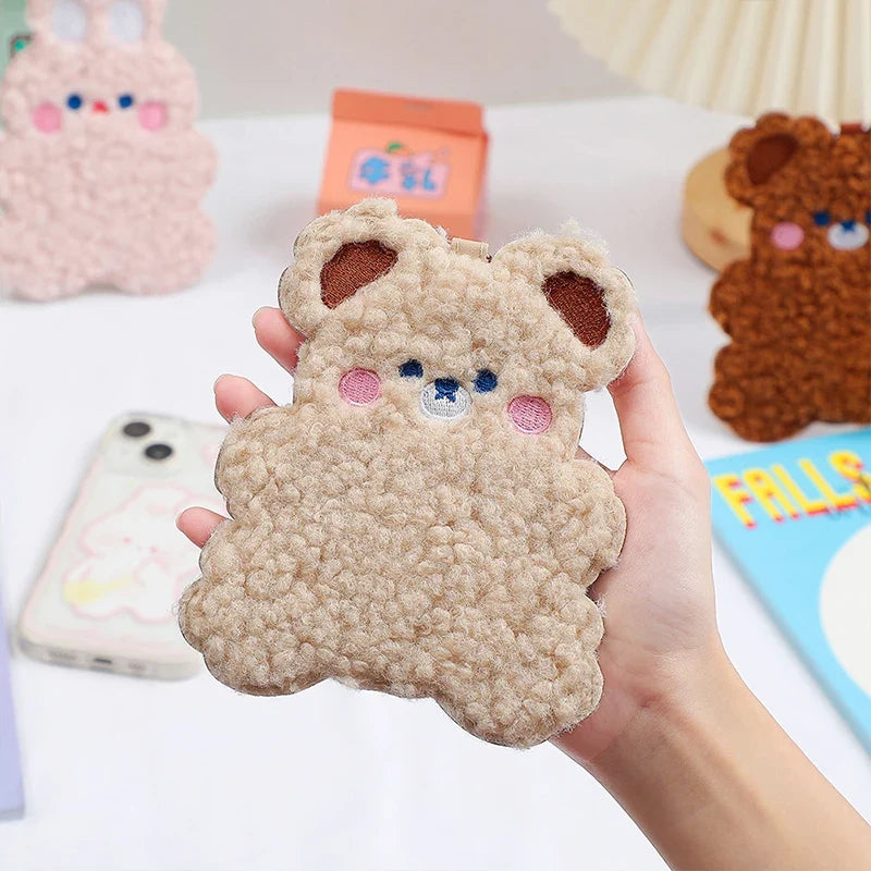 Animal photo card sleeve, beige plush with bear face and card pocket