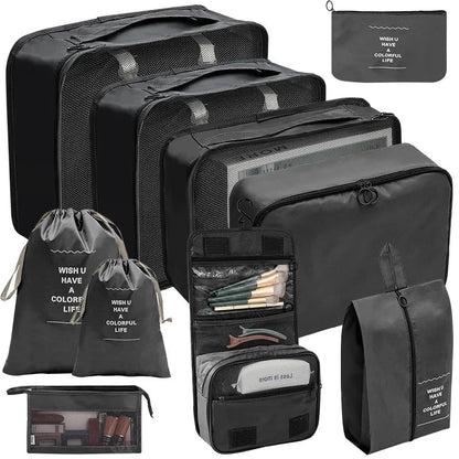 Black travel packing organizer cubes set with mesh panels, zippers, and storage pouches