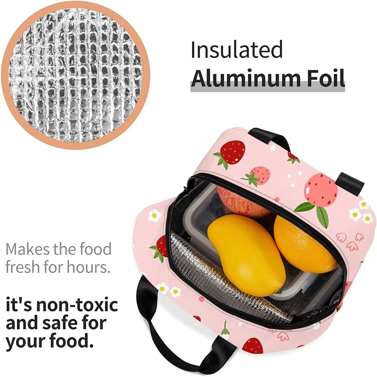 Pink strawberry print insulated lunch bag open with foil-lined interior and food