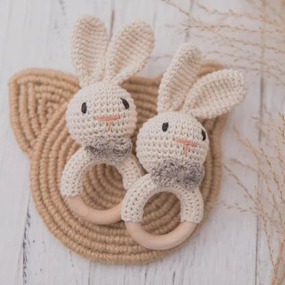 Baby Crochet Rattle & Wooden Teether Toy – BPA Free | Soft Animal Design | Giraffe, Bunny, Lion & More | Newborn Baby Shower Gift