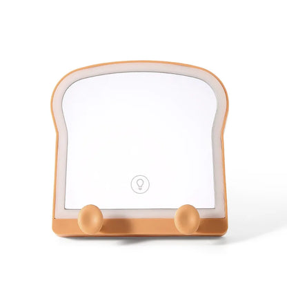 Toast-shaped LED makeup mirror with blank screen, warm light border, phone stand pegs