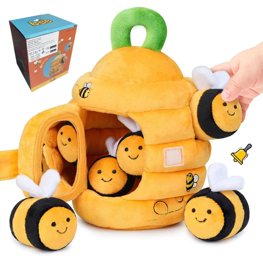 Soft plush bee-themed activity toy with smiling bee faces and carry handle