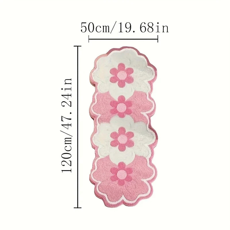 Pink and white scalloped floral plush runner rug, 50 x 120 cm (19.68 x 47.24 in).