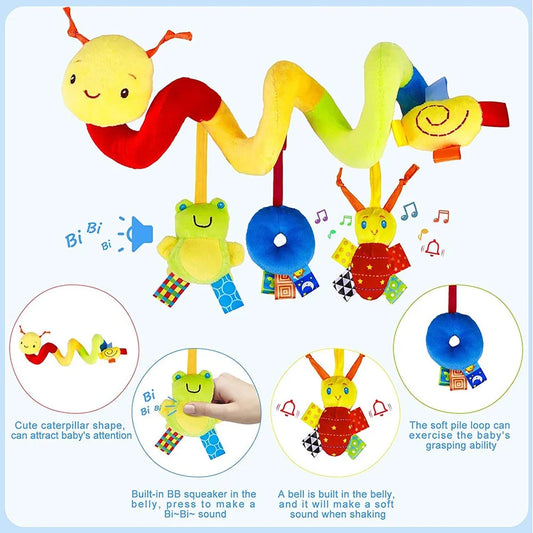 Colorful baby spiral hanging activity toys with caterpillar and soft loop features