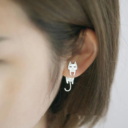 925 sterling silver cat & fish earrings on ear, cat motif with dangling hook