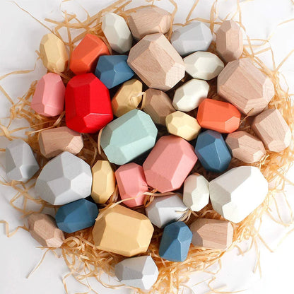 Wooden sorting stacking rocks set with mixed-color faceted wooden blocks in a heap