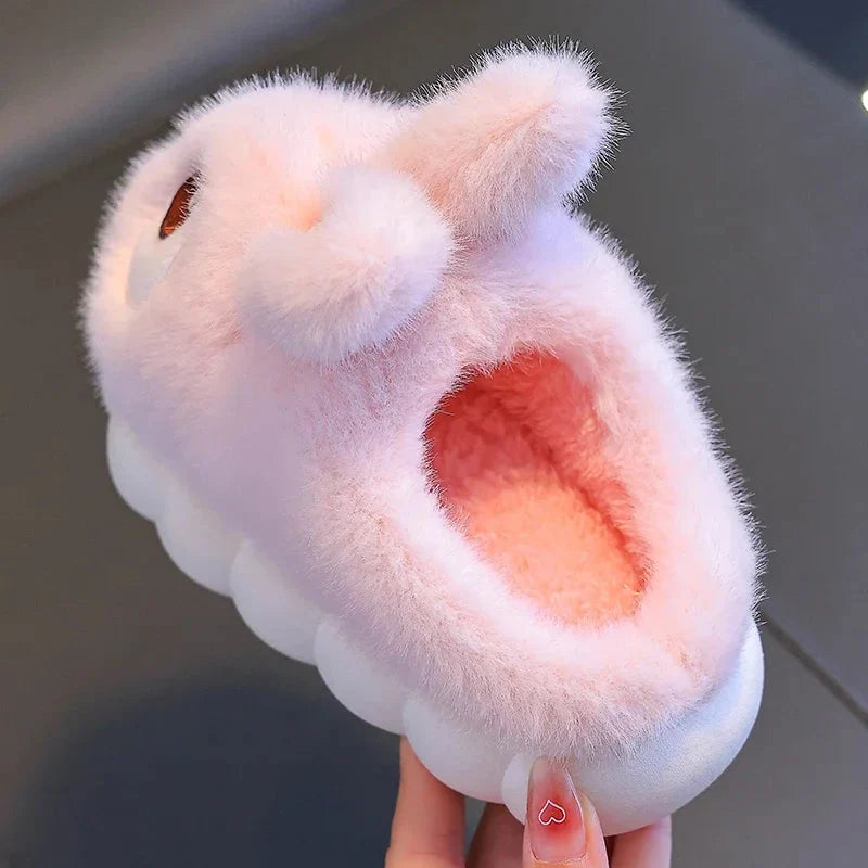 Kids rabbit plush winter slippers, fluffy white with pink inner lining and cute face