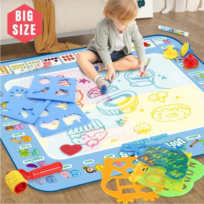 Kids water drawing mat with blue canvas and reusable magic pens, large size set
