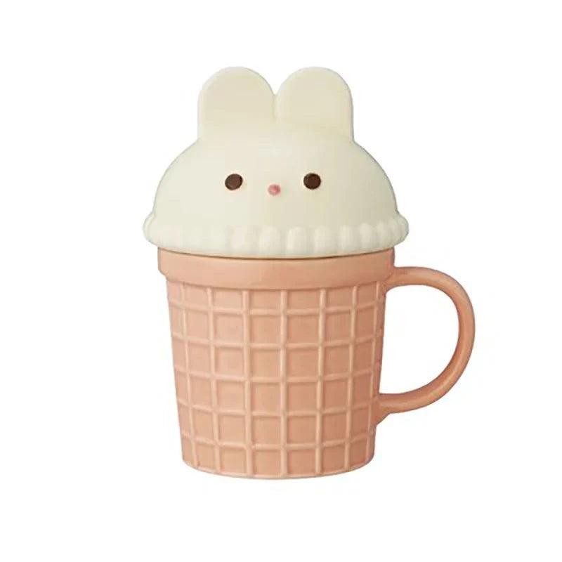 Animal ice cream mug with bunny face lid on a pale pink waffle-textured cup