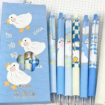 Duck-themed gel pen set, blue caps, clear barrels, assorted patterns, 0.5 mm nib