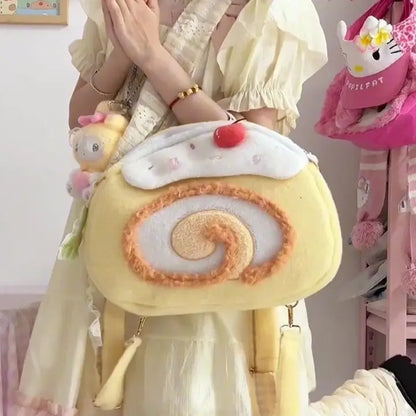 Kawaii Swiss Roll Plush Backpack | Soft Novelty Cake Bag | Cute Travel Gift