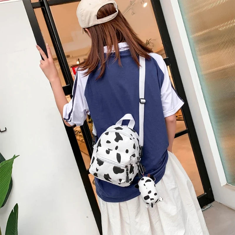 Kawaii Cow Print Mini Backpack – Cute Black & White Canvas Bag | Animal Print Accessory