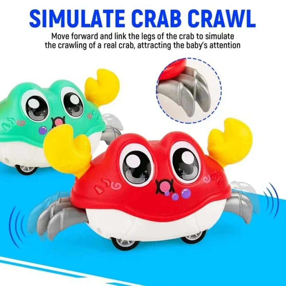 Red and green interactive crawling crab toys with big eyes and gray claw feet