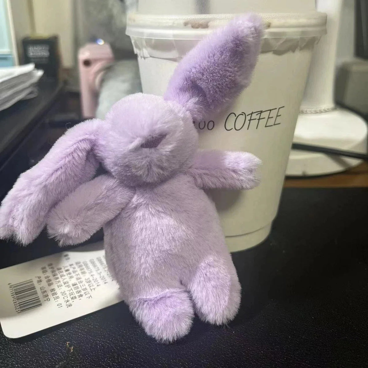 Lavender rabbit plush keychain with silver chain and metal ring clasp