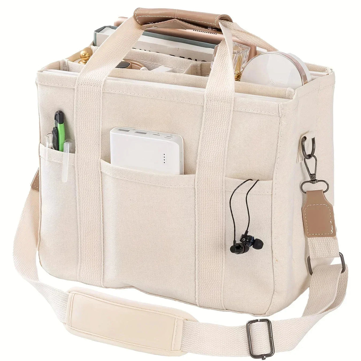 Beige canvas multi-pocket tote bag with adjustable shoulder strap and side key clip