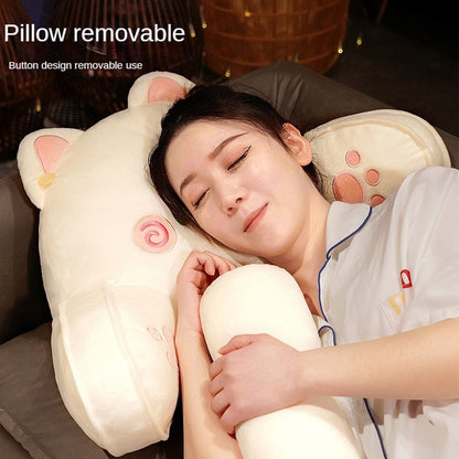 Cream cat reading pillow with spiral-eyed design and removable pillow cover