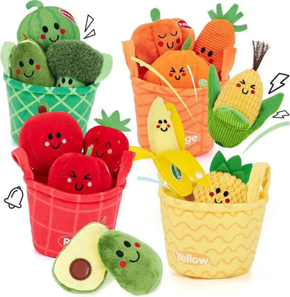 Soft plush sensory rattle set featuring animal plush toys in fabric bins
