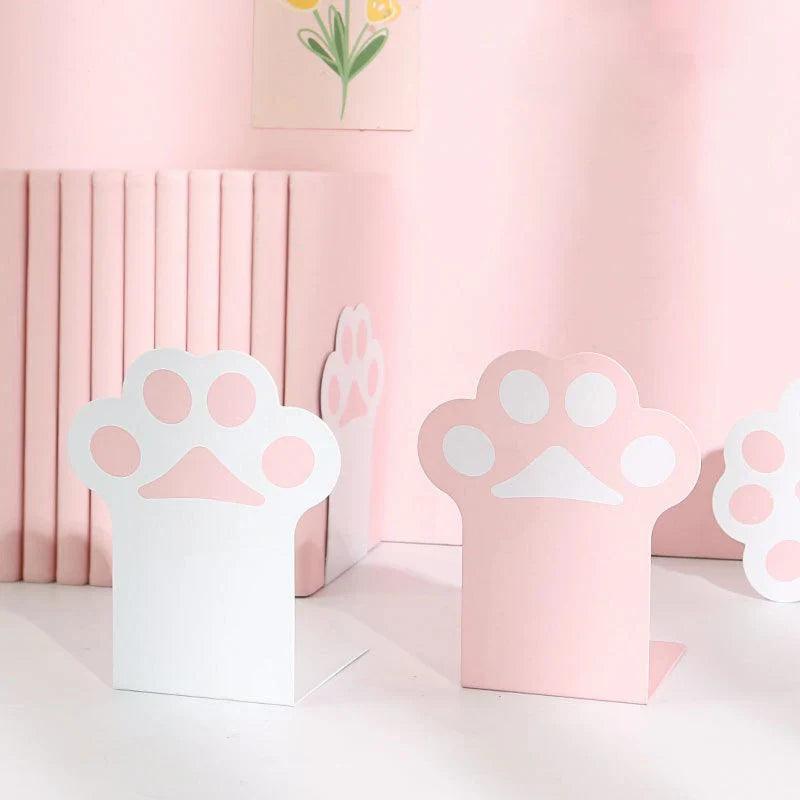 Cat paw bookends set with white paw icons and pink backing, shelf or desk use