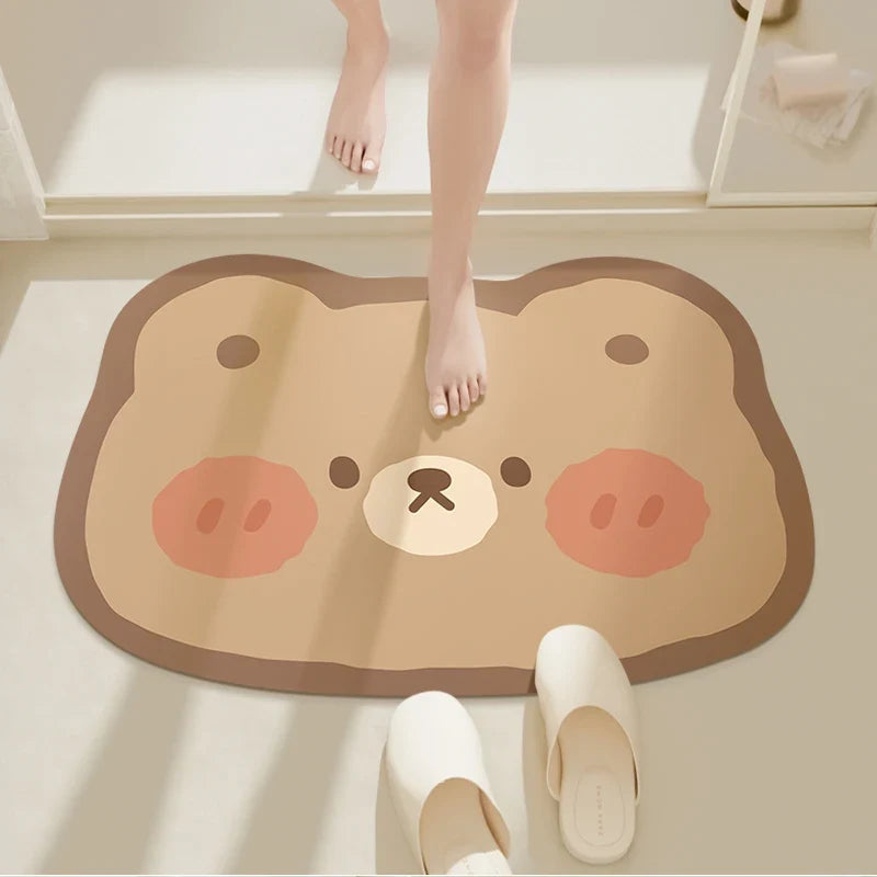 Round bathroom floor mat with cute puppy face in tan and cream tones