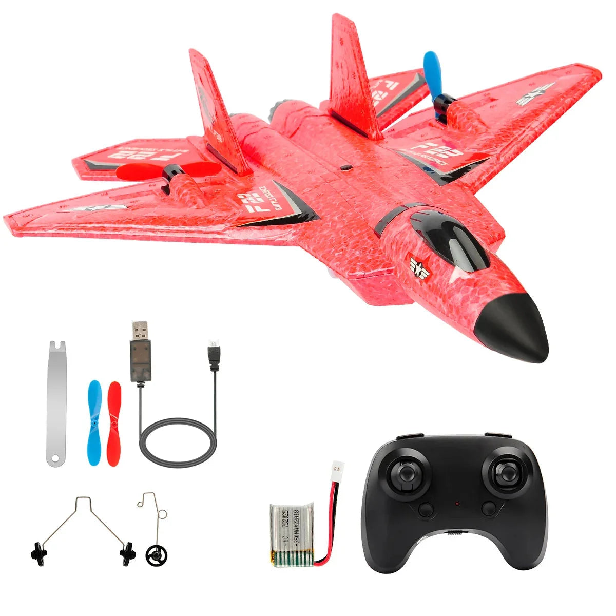 Red EPP RC airplane with controller, charging cable, prop parts kit, ready-to-fly toy