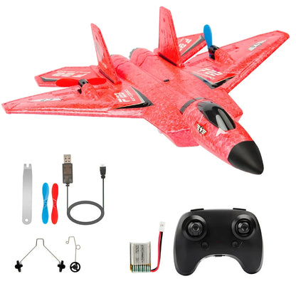 Red EPP RC airplane with controller, charging cable, prop parts kit, ready-to-fly toy