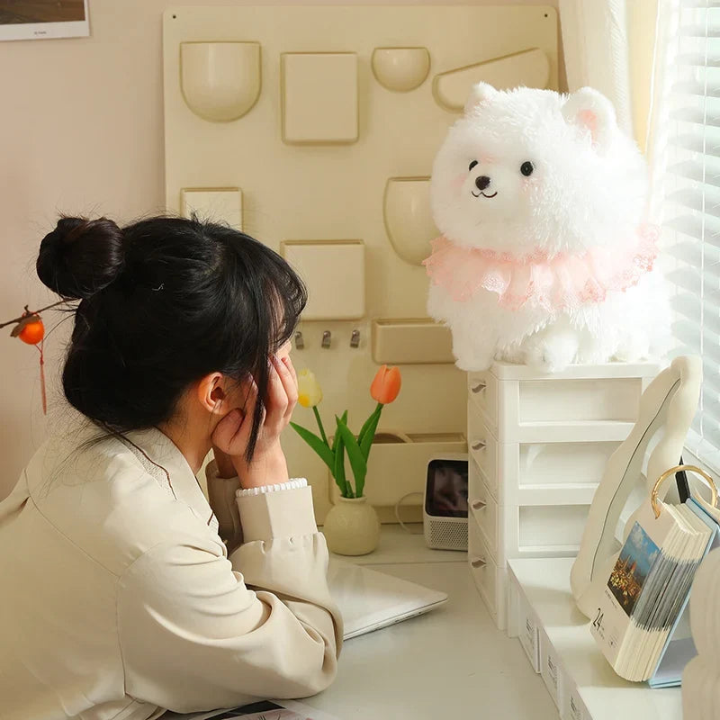 Kawaii Pretty Pomeranian Plushie – Fluffy White Dog with Pink Ruffle Collar | 31cm, 37cm & 52cm
