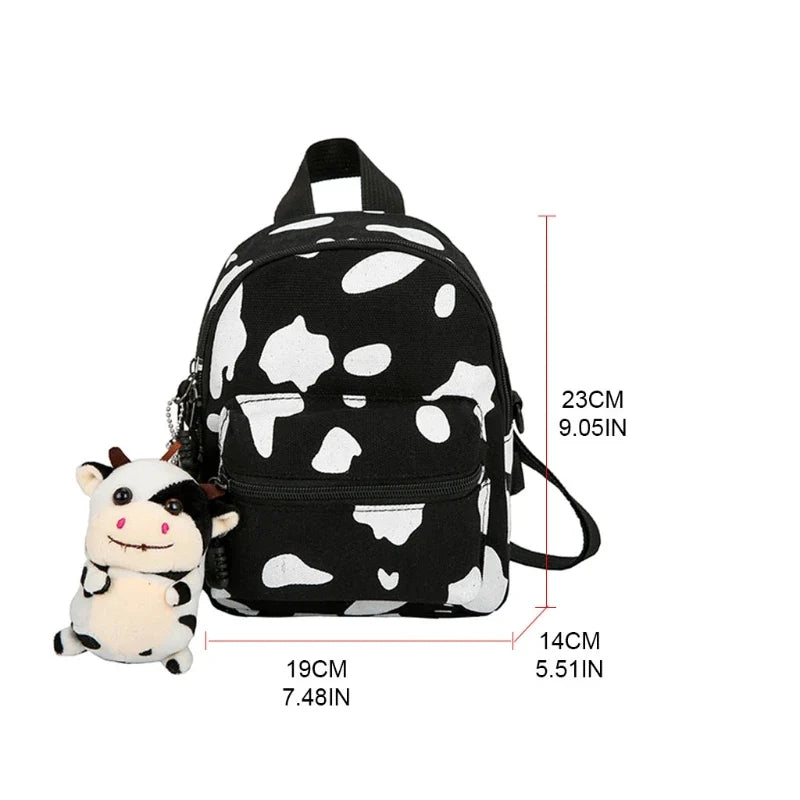 Kawaii Cow Print Mini Backpack – Cute Black & White Canvas Bag | Animal Print Accessory